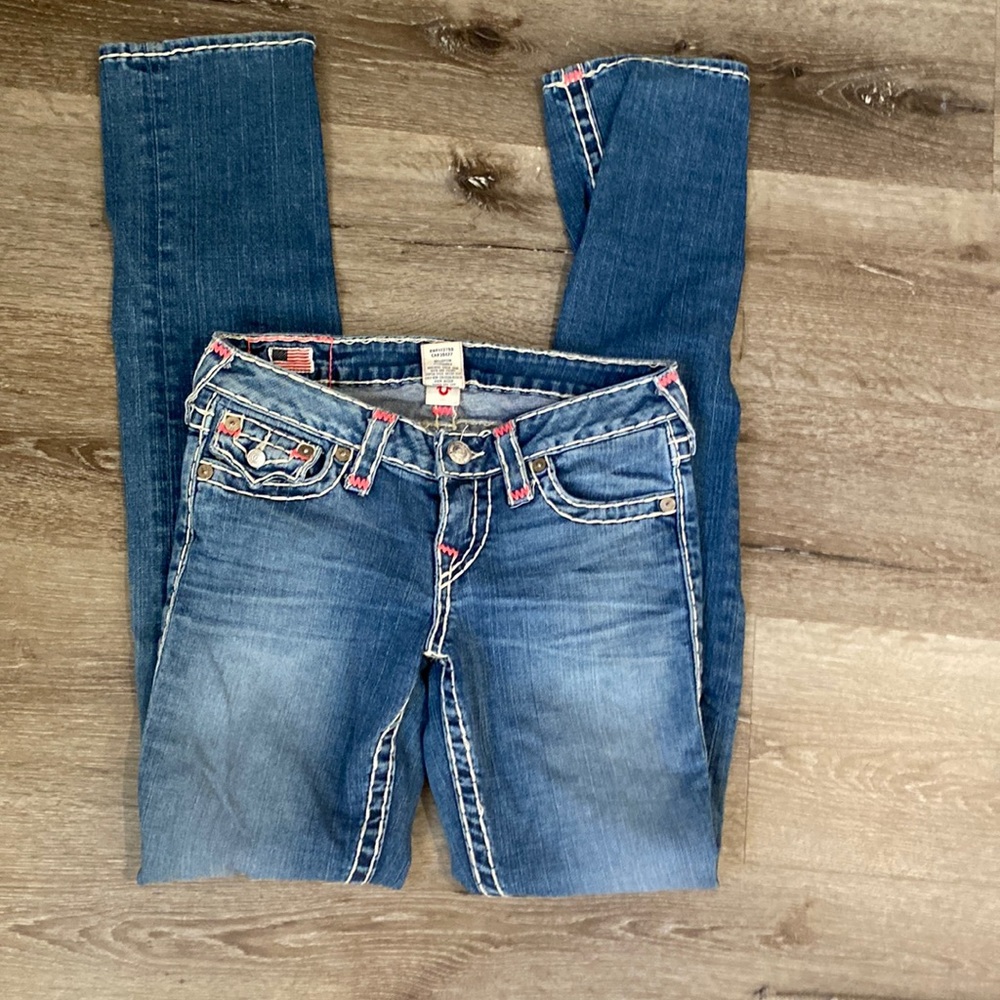 True religion women’s 26W 32L thick white and pink stitch blue Jean
